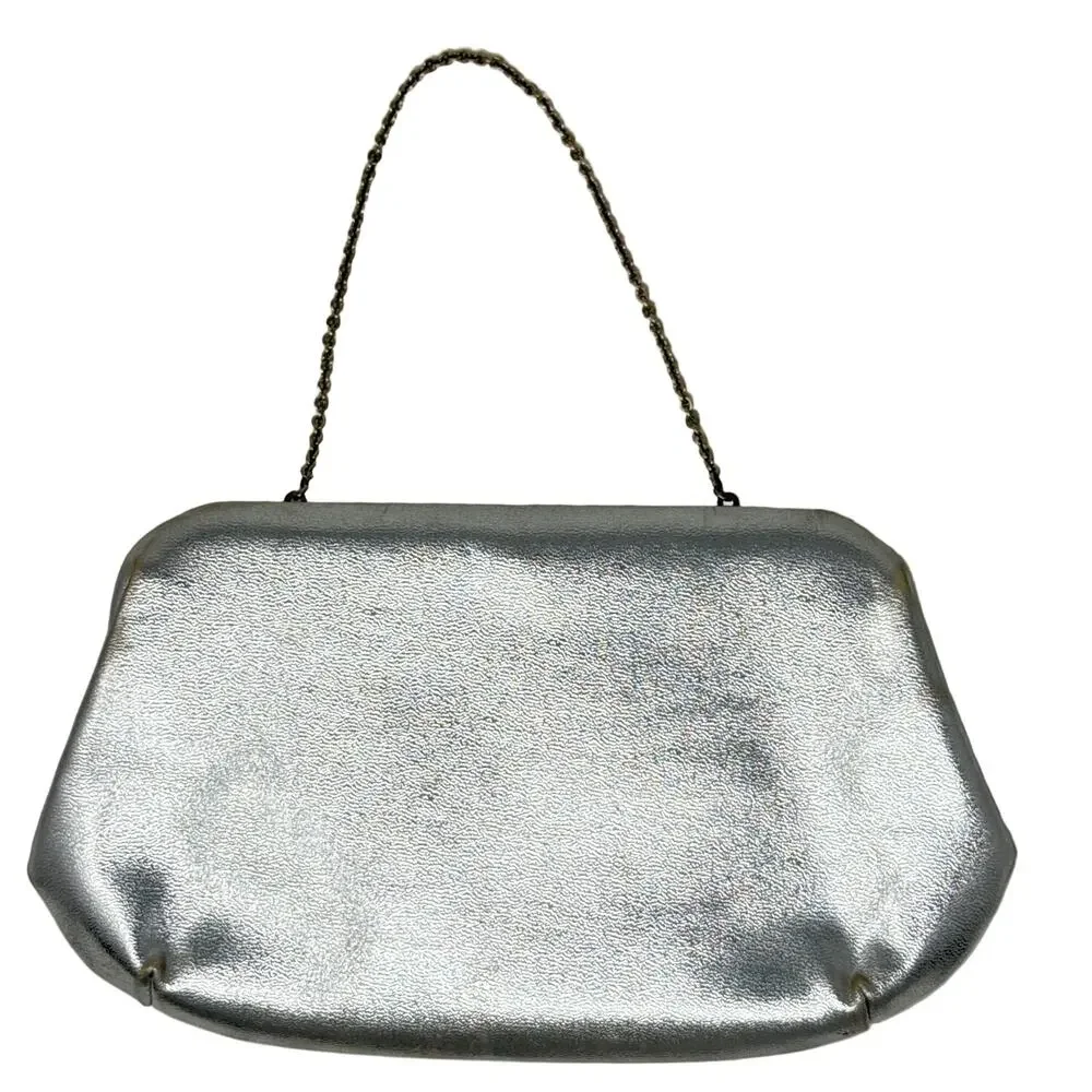 Vintage 70s Lewisette Silver Metallic Clutch Rhinestone Floral Latch